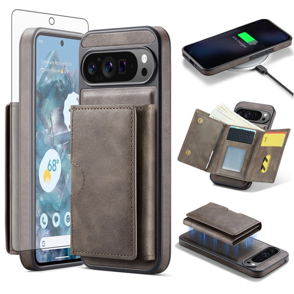 Asuwish Phone Case for Google Pixel 9 Pro XL Wallet Magnetic Detachable Cell Cover with Wireless Charging and RFID Blocking Credit Card Holder Flip Stand Pixel9 9Pro 9ProXL Nine Women Men Gray