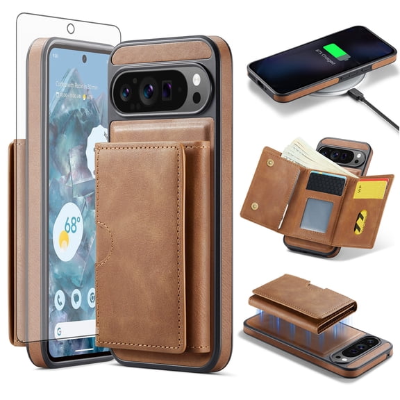 Asuwish Phone Case for Google Pixel 9 Pro XL Wallet Magnetic Detachable Cell Cover with Wireless Charging and RFID Blocking Credit Card Holder Flip Stand Pixel9 9Pro 9ProXL Nine Women Men Brown