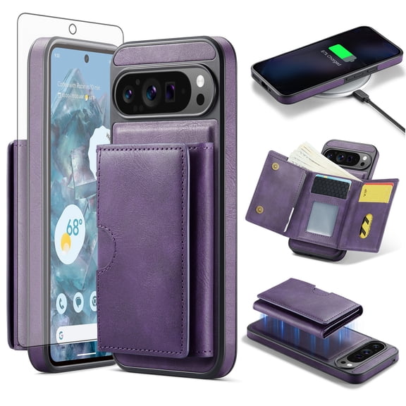 Asuwish Phone Case for Google Pixel 9 Pro XL Wallet Magnetic Detachable Cell Cover with Wireless Charging and RFID Blocking Credit Card Holder Flip Stand Pixel9 9Pro 9ProXL Nine Women Men Purple