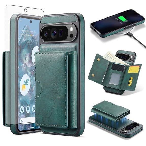 Asuwish Phone Case for Google Pixel 9 Pro XL Wallet Magnetic Detachable Cell Cover with Wireless Charging and RFID Blocking Credit Card Holder Flip Stand Pixel9 9Pro 9ProXL Nine Women Men Green