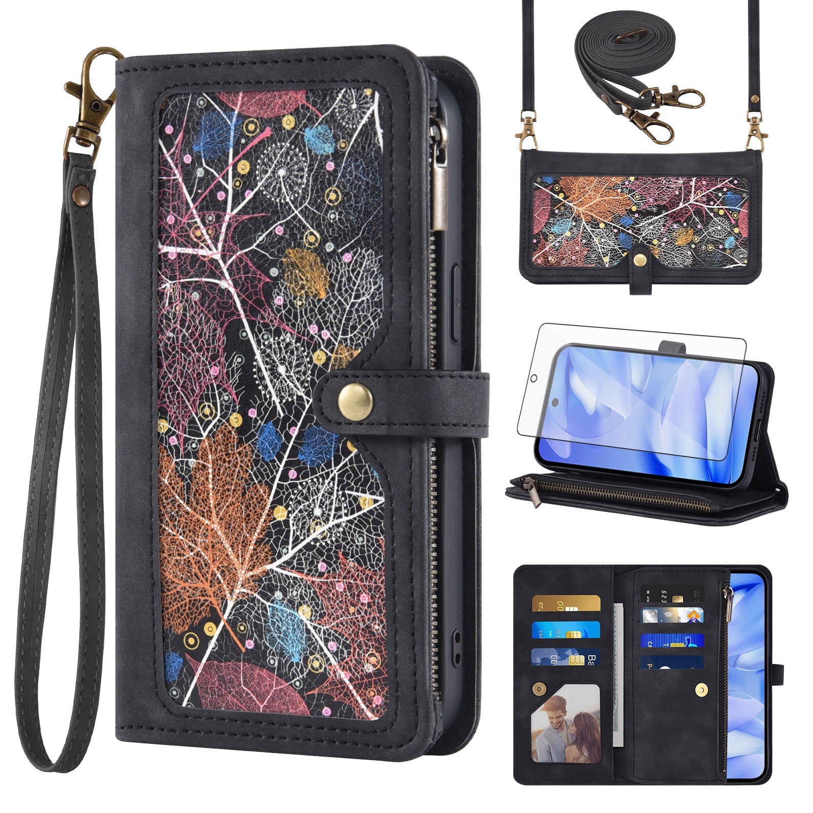 Asuwish Phone Case for Google Pixel 9A Wallet Cover With Tempered Glass Screen Protector Crossbody Wrist Strap Flip Pattern Zipper Credit Card Holder Stand Slot Cell Pixel9A A9 5G Women Men Black