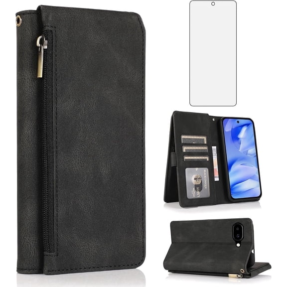 Asuwish Wallet Kickstand Hard Shell Cell Phone Case with Tempered Glass Screen Protector for Google Pixel 9A, Black