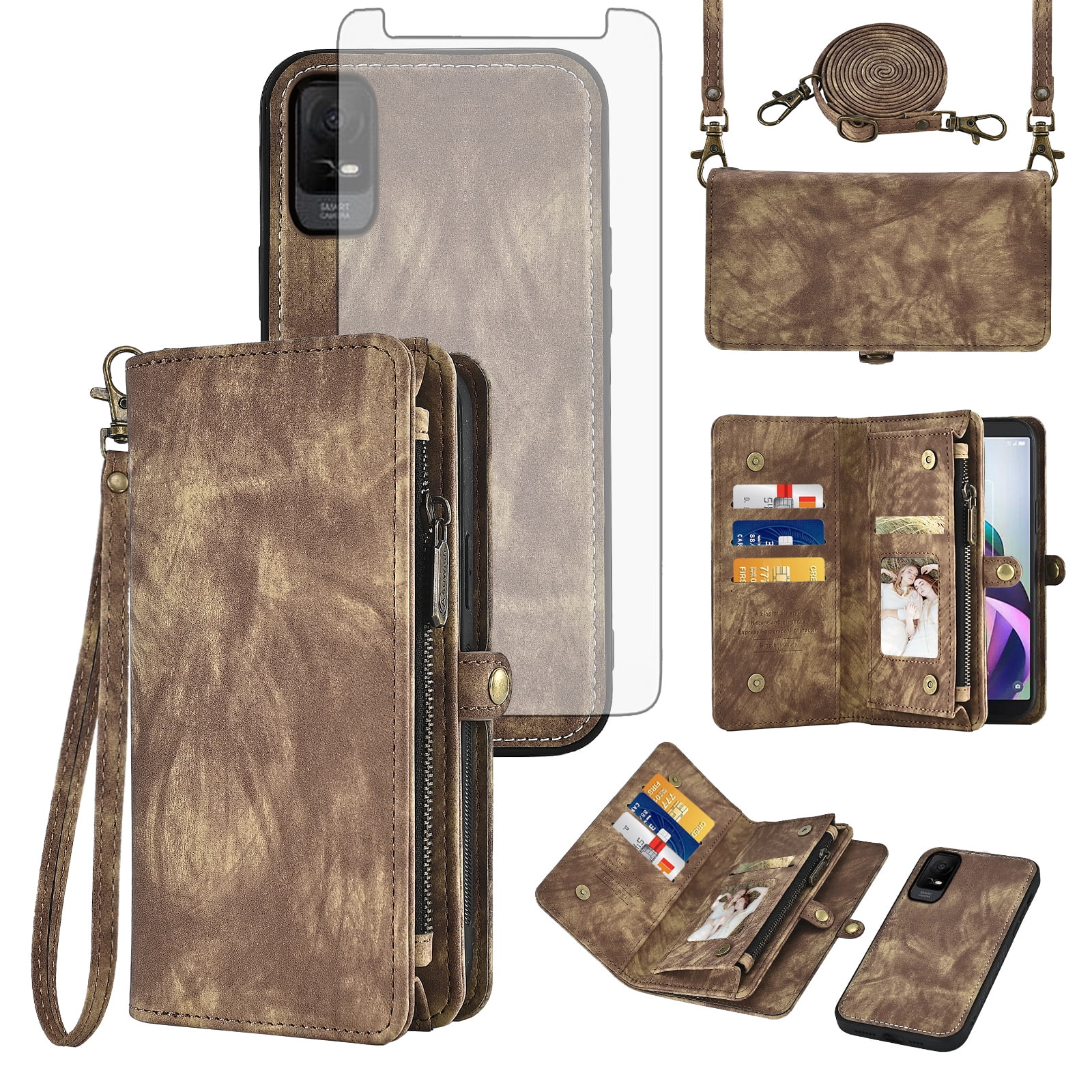Asuwish Phone Case for Metro TCL Ion X/Ion V/40Z T607DL Zipper Wallet Detachable Cell Cover with Tempered Glass Screen Protector Crossbody Strap Flip Card Holder Slot IonX T430W IonV 2023 Women Brown