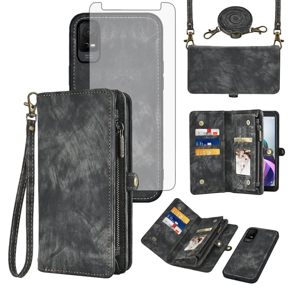 Asuwish Phone Case for Metro TCL Ion X/Ion V/40Z T607DL Zipper Wallet Detachable Cell Cover with Tempered Glass Screen Protector Crossbody Strap Flip Card Holder Slot IonX T430W IonV 2023 Women Black