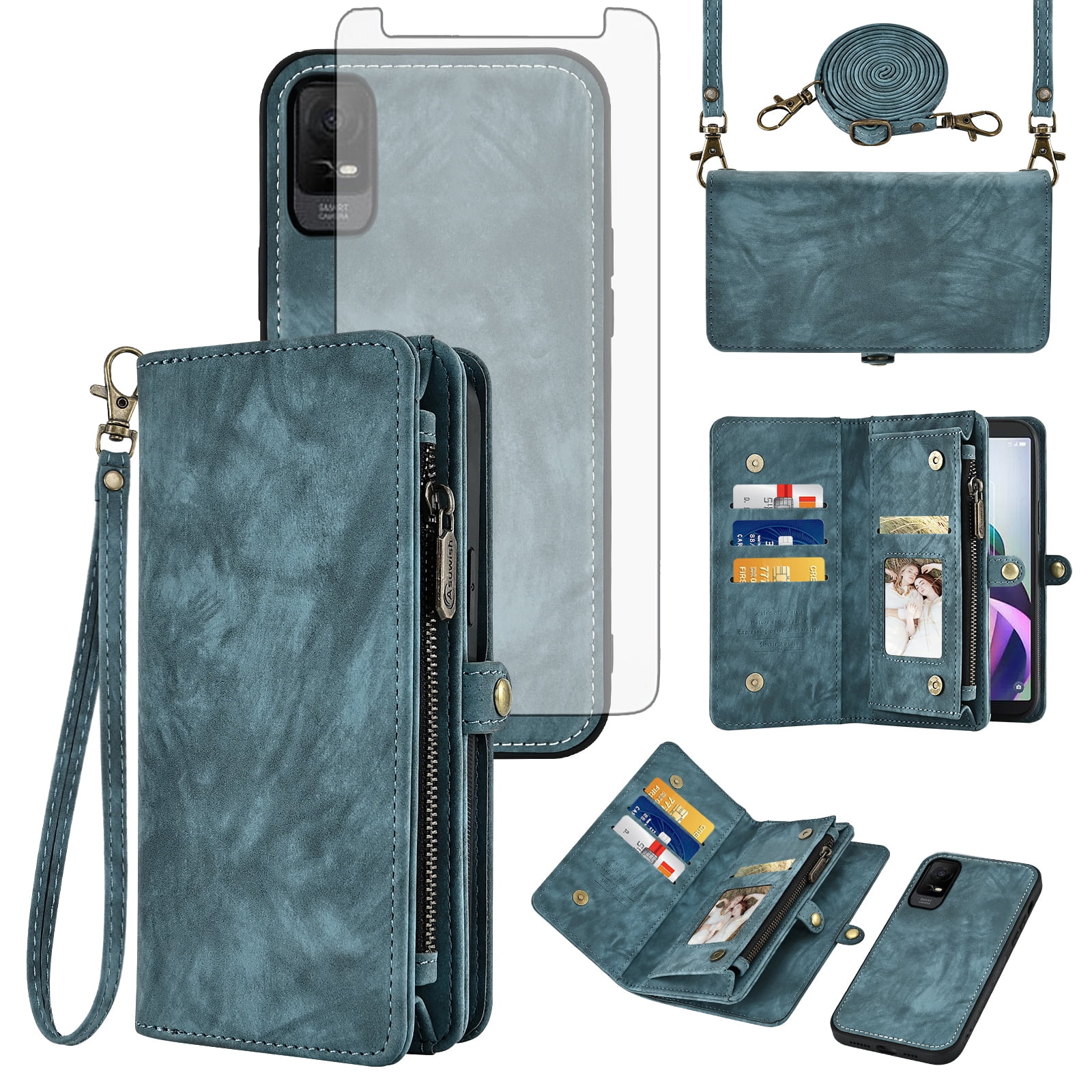 Asuwish Phone Case for Metro TCL Ion X/Ion V/40Z T607DL Zipper Wallet Detachable Cell Cover with Tempered Glass Screen Protector Crossbody Strap Flip Card Holder IonX T430W IonV 2023 Women Girls Blue