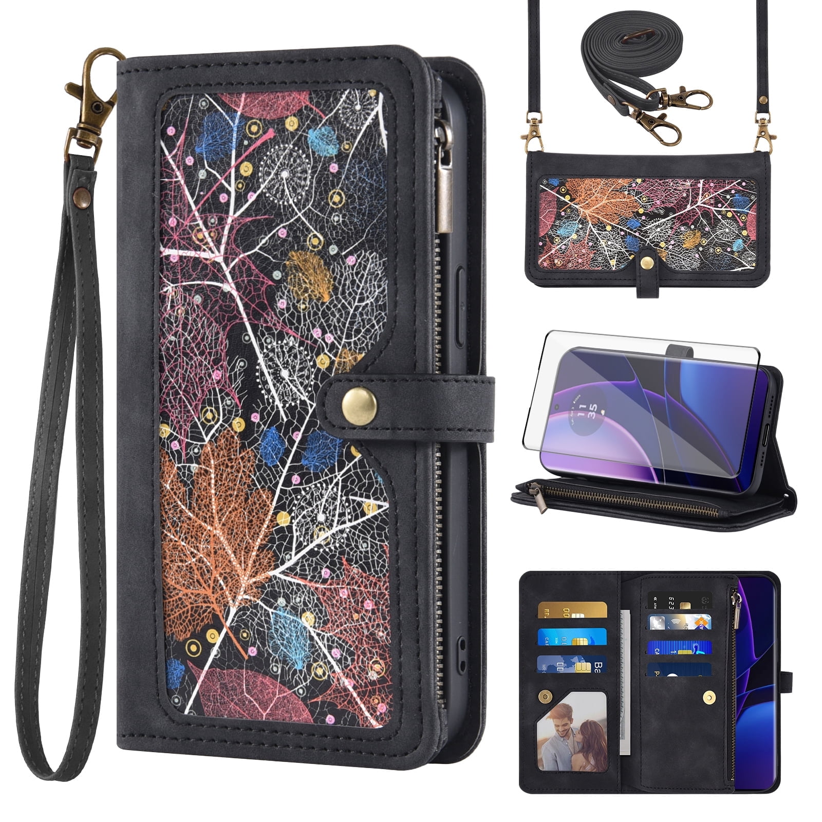 Asuwish Phone Case for Motorola Edge 2023/Edge 40 5G Wallet Cover With Tempered Glass Screen Protector Crossbody Wrist Strap Flip Pattern Zipper Credit Card Holder Cell Moto Edge2023 6.6 Women Black