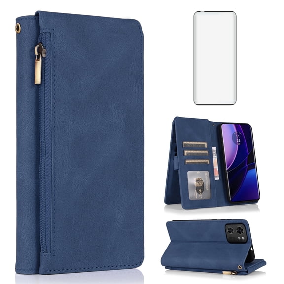 Asuwish Wallet Kickstand Hard Shell Cell Phone Case with Tempered Glass Screen Protector for Motorola Moto Edge 2023 / Moto Edge 40, Blue