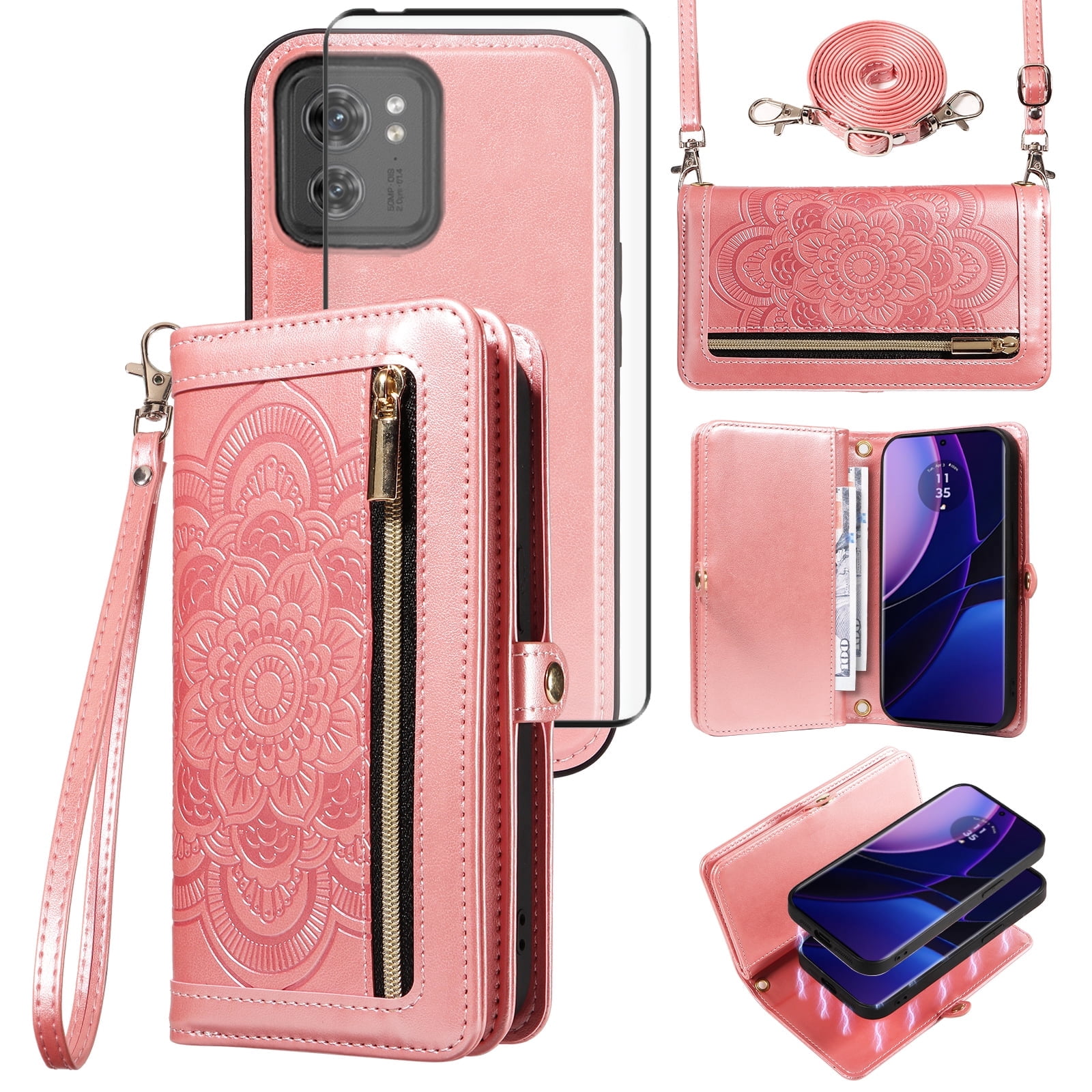 Asuwish Detachable Magnetic Zipper Wallet Phone Case with Flower Pattern and Screen Protector for Motorola Moto Edge 2023/Edge 40, Rose Gold