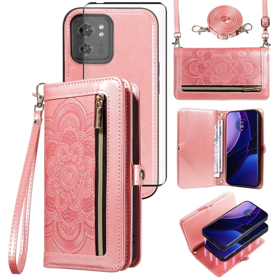 Asuwish Detachable Magnetic Zipper Wallet Phone Case with Flower Pattern and Screen Protector for Motorola Moto Edge 2023/Edge 40, Rose Gold