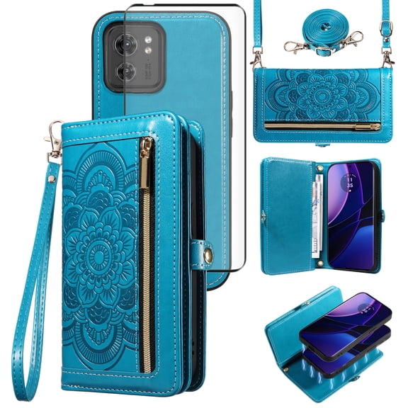 Asuwish Phone Case for Motorola Edge 2023/Edge 40 5G Zipper Wallet Detachable Cell Cover with Tempered Glass Screen Protector Crossbody Strap Flower Flip Card Holder Slot Moto Edge2023 6.6 Women Blue