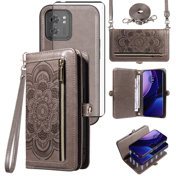 Asuwish Phone Case for Motorola Edge 2023/Edge 40 5G Zipper Wallet Detachable Cell Cover with Tempered Glass Screen Protector Crossbody Strap Flower Flip Card Holder Slot Moto Edge2023 6.6 Women Gray