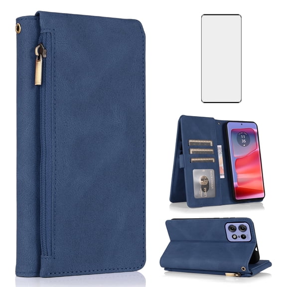 Asuwish Wallet Kickstand Hard Shell Cell Phone Case with Tempered Glass Screen Protector for Motorola Moto Edge 50 Pro 5G, Blue
