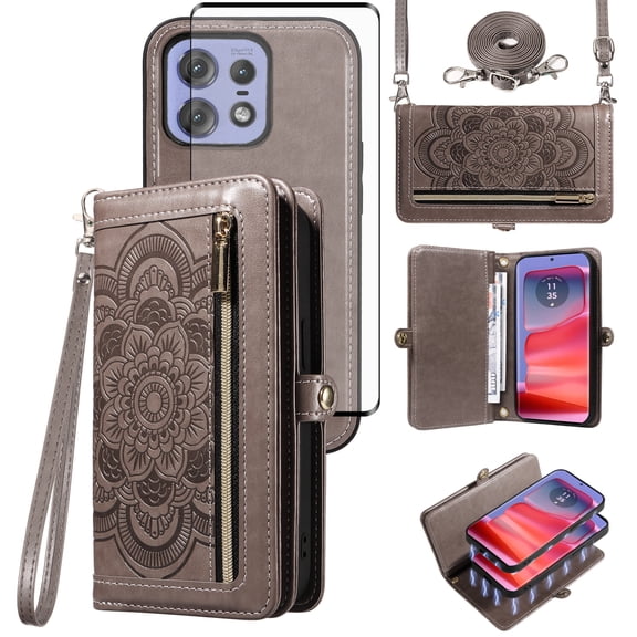 Asuwish Phone Case for Motorola Edge 50 Pro Zipper Wallet Detachable Cell Cover with Tempered Glass Screen Protector Crossbody Lanyard Strap Flower Flip Card Holder Moto Edge50 50Pro 5G Women Gray