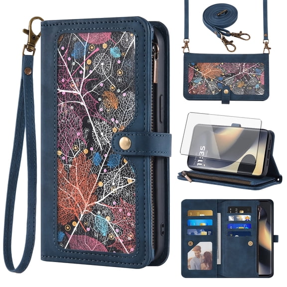 Asuwish Phone Case for Motorola Edge 5G 2024 Wallet Cover With Tempered Glass Screen Protector Crossbody Wrist Strap Flip Pattern Zipper Credit Card Holder Stand Cell Moto Edge2024 Women Men Blue