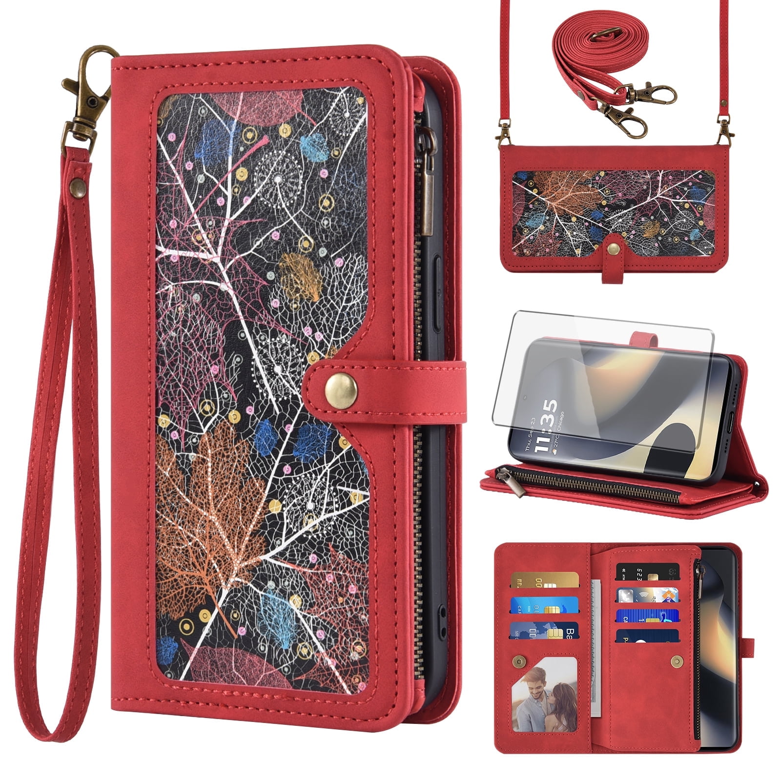 Asuwish Phone Case for Motorola Edge 5G 2024 Wallet Cover With Tempered Glass Screen Protector Crossbody Wrist Strap Flip Pattern Zipper Credit Card Holder Stand Slot Cell Moto Edge2024 Women Men Red