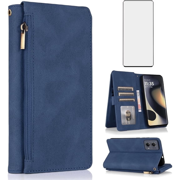 Asuwish Wallet Kickstand Hard Shell Cell Phone Case with Tempered Glass Screen Protector for Motorola Moto Edge 2024, Blue