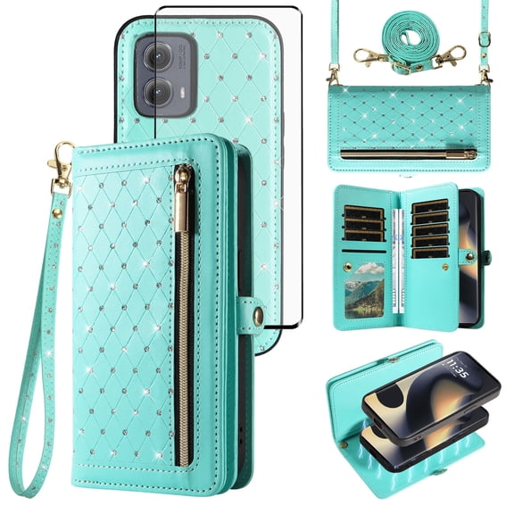 Asuwish Phone Case for Motorola Edge 5G 2024 Zipper Wallet Detachable Cell Cover with Tempered Glass Screen Protector Crossbody Lanyard Strap Bling Glitter Flip Card Holder Slot Moto Edge2024 Green