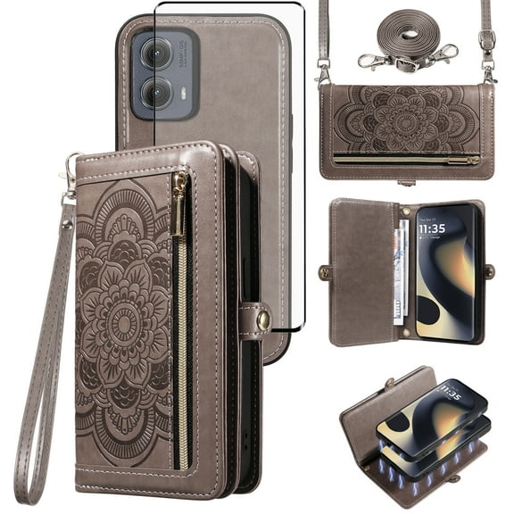 Asuwish Phone Case for Motorola Edge 5G 2024 Zipper Wallet Detachable Cell Cover with Tempered Glass Screen Protector Crossbody Lanyard Strap Flower Flip Card Holder Moto Edge2024 Women Girls Gray