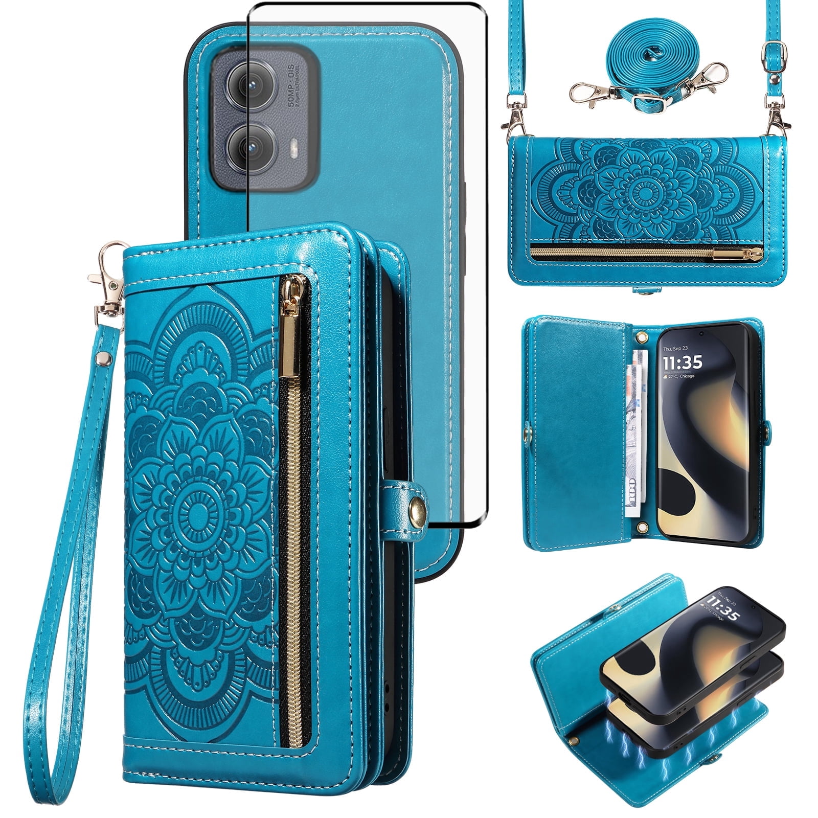 Asuwish Detachable Magnetic Zipper Wallet Phone Case with Flower Pattern and Screen Protector for Motorola Moto Edge 2024, Blue