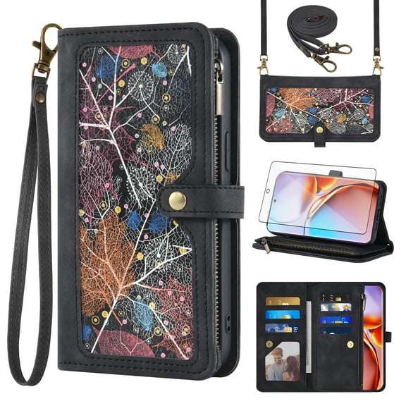 Asuwish Phone Case for Motorola Edge Plus 2023/Edge 40 Pro 5G/Moto X40 Wallet Cover With Tempered Glass Screen Protector Crossbody Wrist Strap Flip Pattern Zipper Credit Card Holder Cell X Black