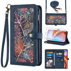 Asuwish Phone Case for Motorola Edge+ Plus 2023/Edge 40 Pro 5G/Moto X40 Wallet Cover With Tempered Glass Screen Protector Crossbody Wrist Strap Flip Pattern Zipper Credit Card Holder Cell X + Blue