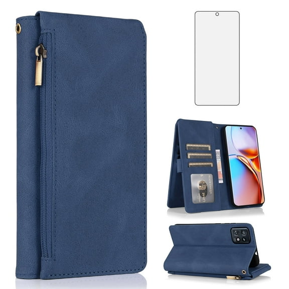Asuwish Phone Case for Motorola Edge Plus 2023/Edge 40 Pro 5G/Moto X40 Wallet Mobile Accessories Cell Cover with Tempered Glass Screen Protector Flip Zipper Stand Card Holder Slot X Women Men Blue