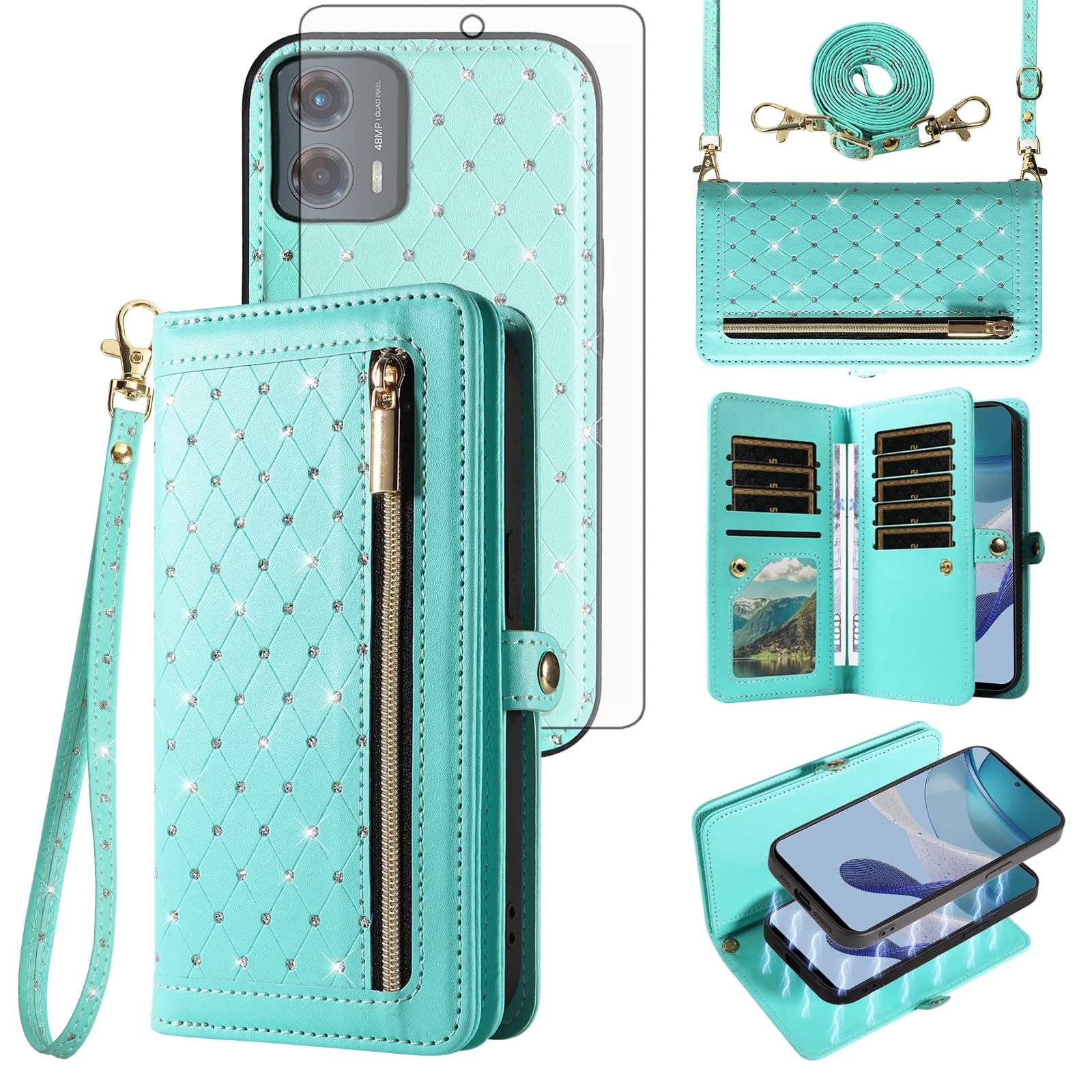 Asuwish Phone Case for Motorola Moto G 5G 2023 Zipper Wallet Detachable Cell Cover with Tempered Glass Screen Protector Crossbody Lanyard Strap Bling Glitter Flip Card Holder Slot G5G 5 G Women Green