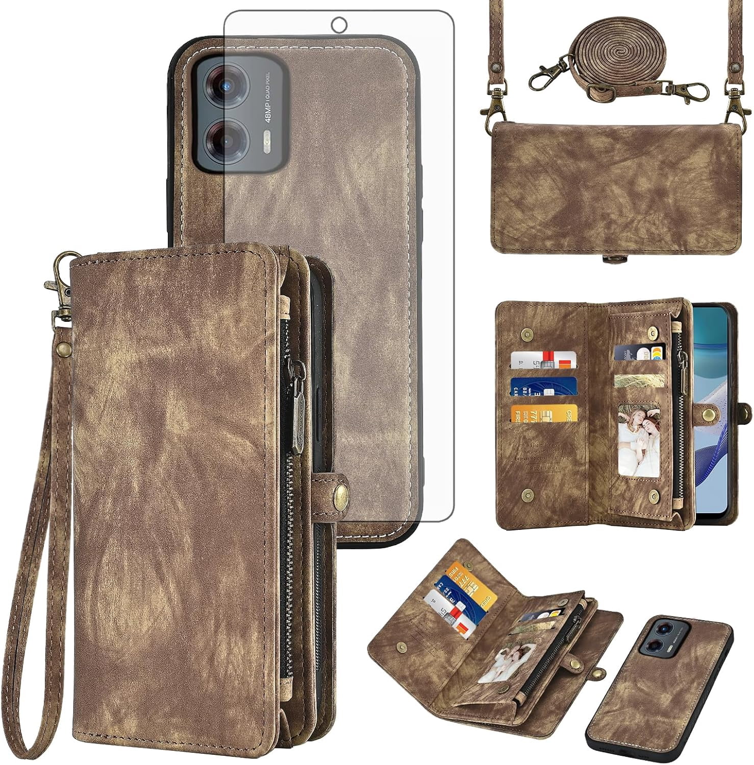Asuwish Phone Case for Motorola Moto G 5G 2023 Zipper Wallet Detachable Cell Cover with Tempered Glass Screen Protector Crossbody Lanyard Strap Flip Card Holder Slot G5G 5 G G5 Women Men Girls Brown