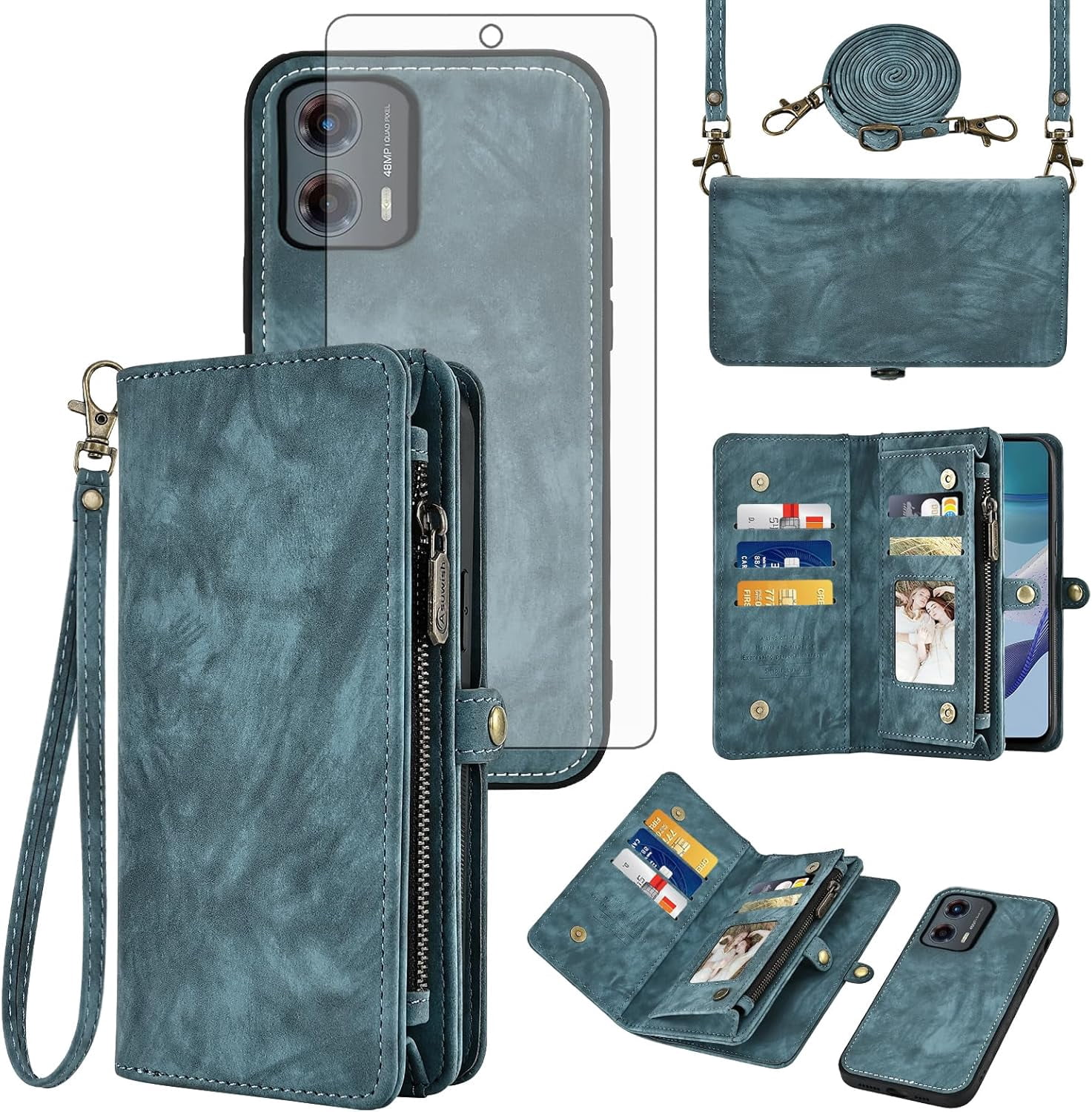 Asuwish Phone Case for Motorola Moto G 5G 2023 Zipper Wallet Detachable Cell Cover with Tempered Glass Screen Protector Crossbody Lanyard Strap Flip Card Holder Slot G5G 5 G G5 Women Men Girls Blue
