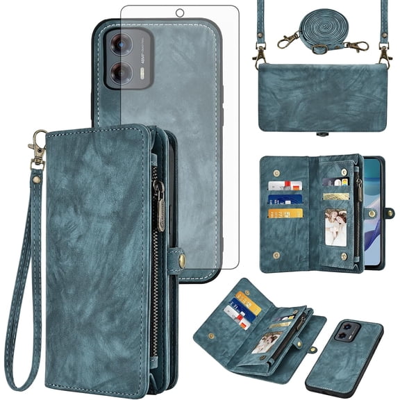 Asuwish Phone Case for Motorola Moto G 5G 2023 Zipper Wallet Detachable Cell Cover with Tempered Glass Screen Protector Crossbody Lanyard Strap Flip Card Holder Slot G5G 5 G G5 Women Men Girls Blue
