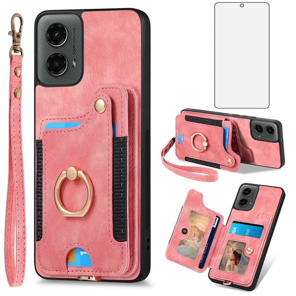 Asuwish Phone Case for Motorola Moto G 5G 2024 Wallet Cell Cover with Tempered Glass Screen Protector Slim Lanyard Wrist Strap RFID Ring Stand Credit Card Holder Slot G5G 5 G G5 Women Men Pink