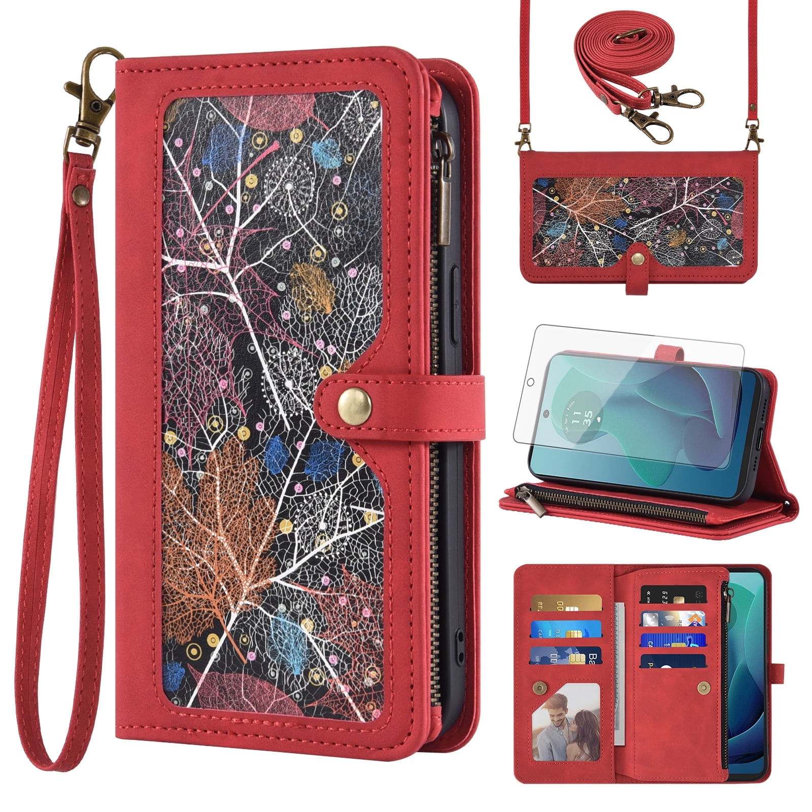 Asuwish Phone Case for Motorola Moto G 5G 2024 Wallet Cover With Tempered Glass Screen Protector Crossbody Wrist Strap Flip Pattern Zipper Credit Card Holder Stand Slot Cell G5G 5 G G5 Women Men Red