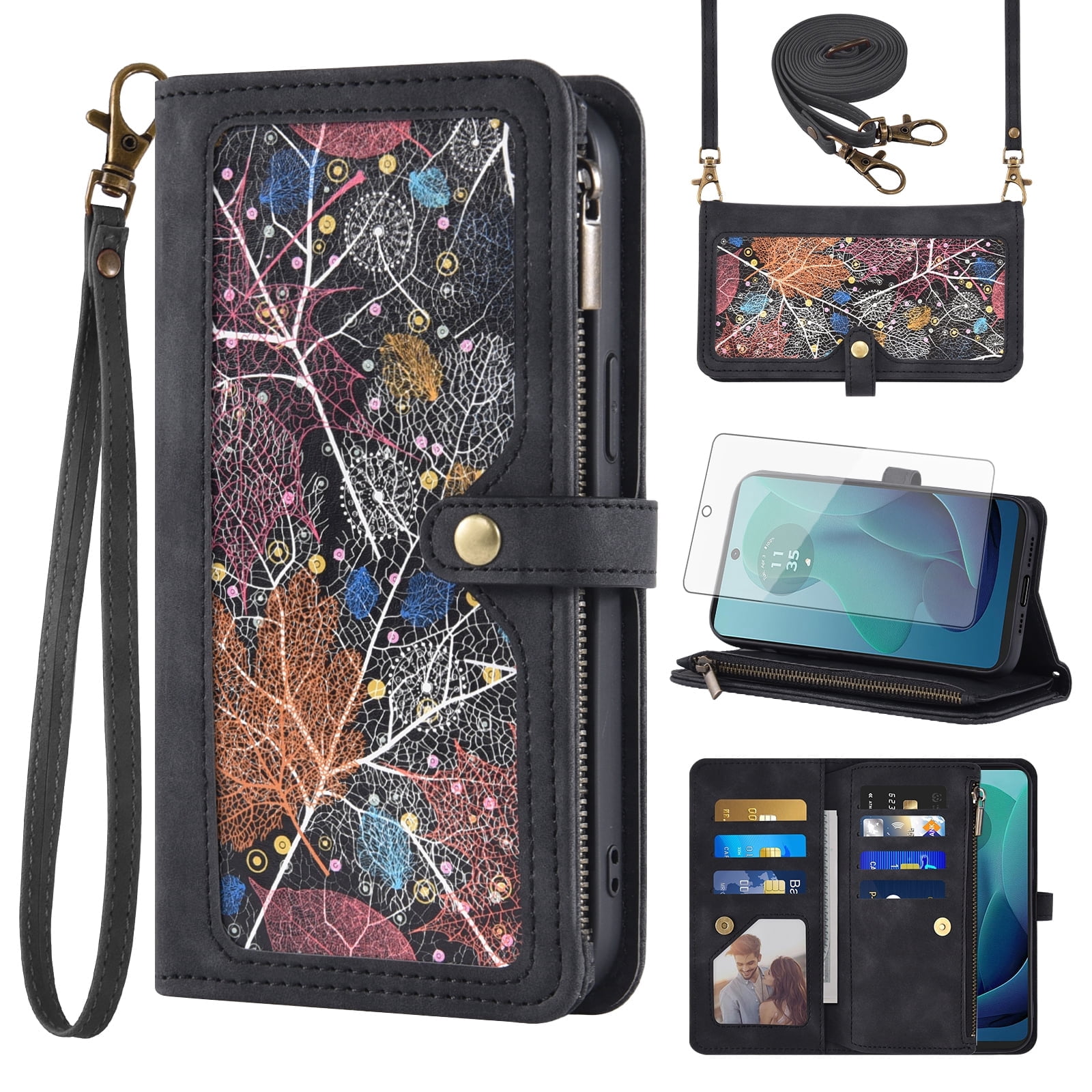Asuwish Phone Case for Motorola Moto G 5G 2024 Wallet Cover With Tempered Glass Screen Protector Crossbody Wrist Strap Flip Pattern Zipper Credit Card Holder Stand Cell G5G 5 G G5 Women Men Black