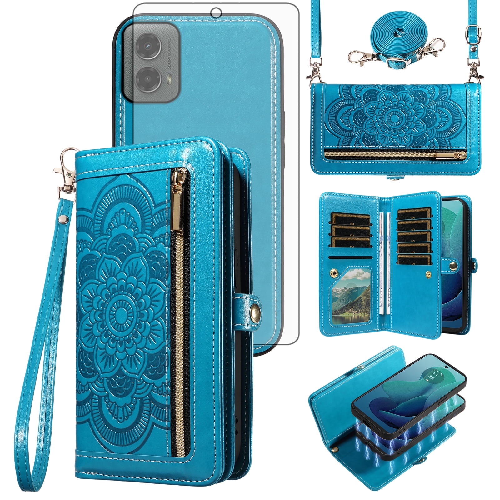 Asuwish Phone Case for Motorola Moto G 5G 2024 Zipper Wallet Detachable Cell Cover with Tempered Glass Screen Protector Crossbody Lanyard Strap Flower Flip Card Holder G5G 5 G G5 Women Men Girls Blue