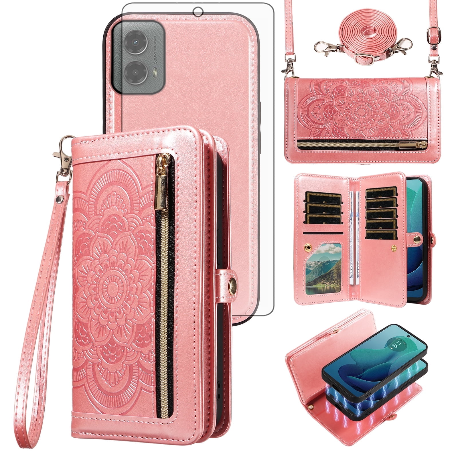 Asuwish Detachable Magnetic Zipper Wallet Phone Case with Flower Pattern and Screen Protector for Motorola Moto G 5G 2024, Rose Gold