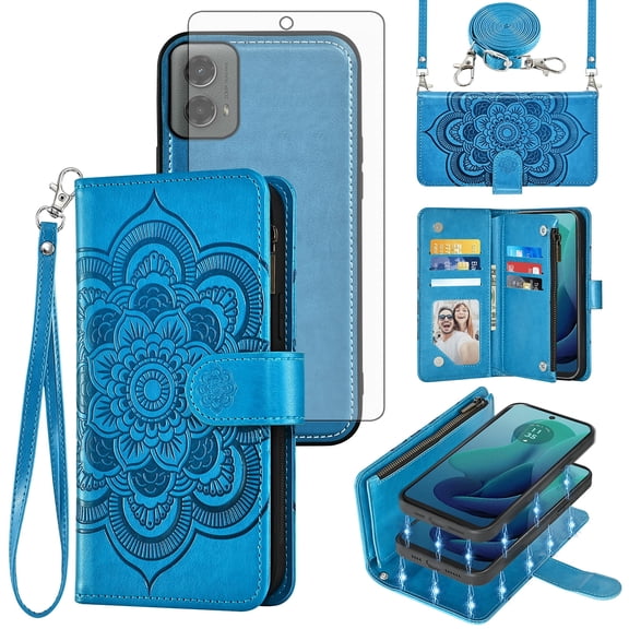 Asuwish Phone Case for Motorola Moto G 5G 2024 Zipper Wallet Magnetic Detachable Cell Cover with Tempered Glass Screen Protector Crossbody Strap Flower Card Holder Slot G5G 5 G G5 Women Girls Blue