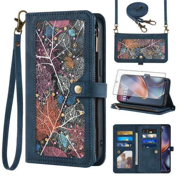 Asuwish Phone Case for Motorola Moto G 5G 2025 Wallet Cover With Tempered Glass Screen Protector Crossbody Wrist Strap Flip Pattern Zipper Credit Card Holder Stand Slot Cell G5G 5 G G5 Women Men Blue