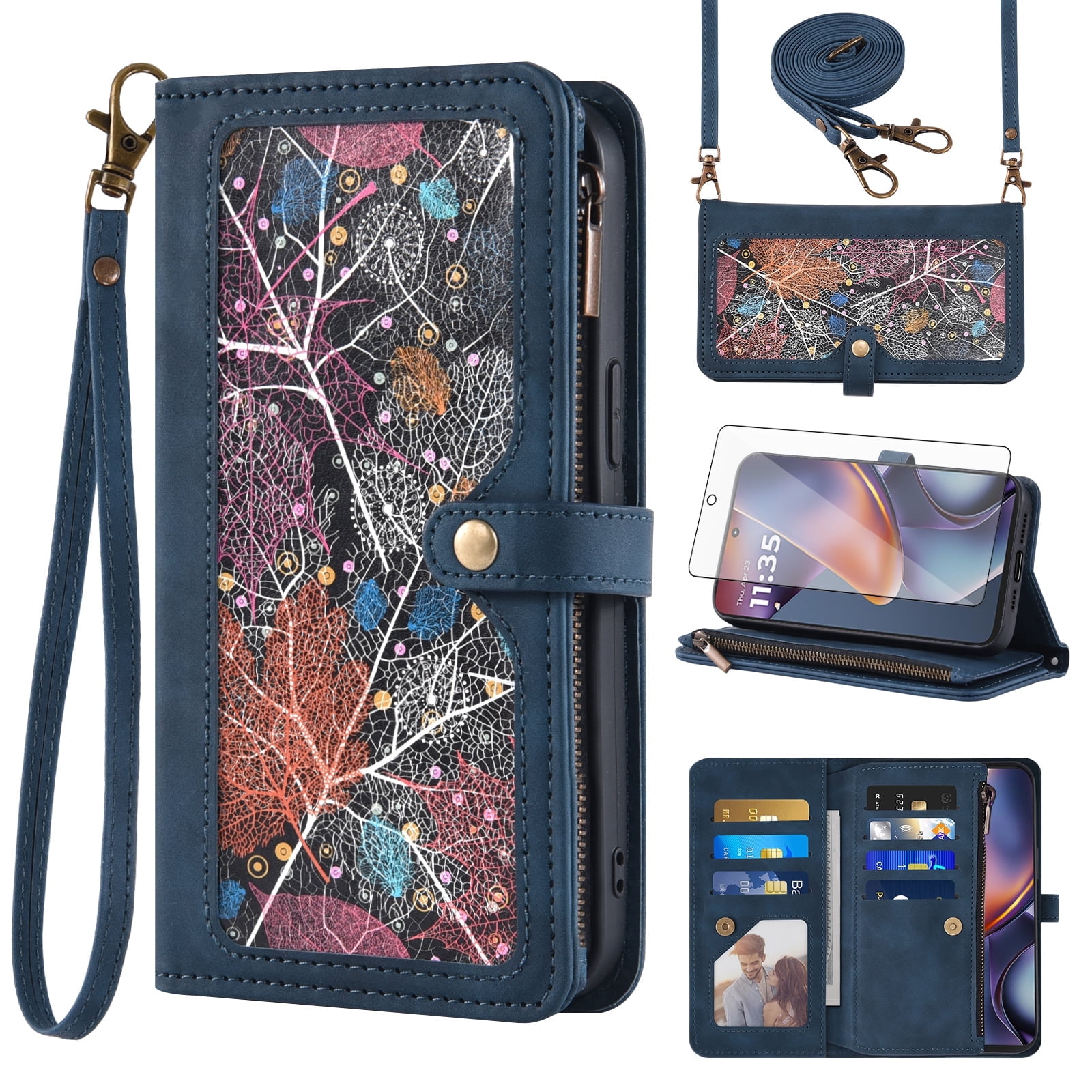 Asuwish Phone Case for Motorola Moto G 5G 2025 Wallet Cover With Tempered Glass Screen Protector Crossbody Wrist Strap Flip Pattern Zipper Credit Card Holder Stand Slot Cell G5G 5 G G5 Women Men Blue