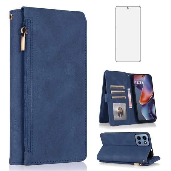 Asuwish Wallet Kickstand Hard Shell Cell Phone Case with Tempered Glass Screen Protector for Motorola Moto G 5G 2025, Blue