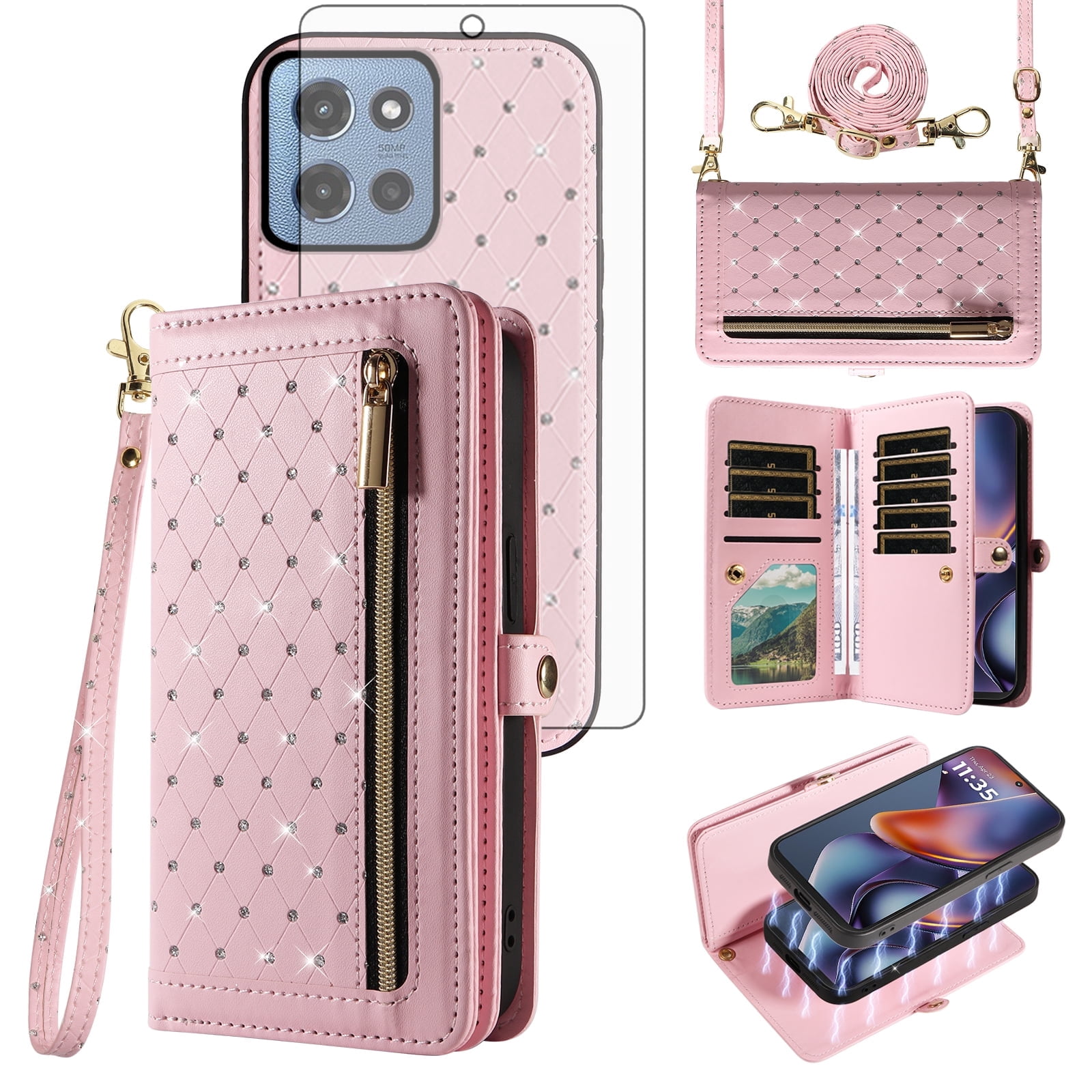 Asuwish Phone Case for Motorola Moto G 5G 2025 Zipper Wallet Detachable Cell Cover with Tempered Glass Screen Protector Crossbody Lanyard Strap Bling Glitter Flip Card Holder Slot G5G 5 G Women Pink
