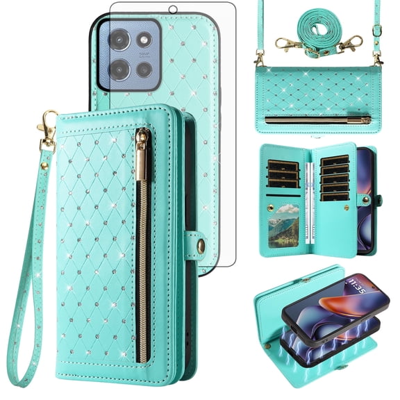Asuwish Phone Case for Motorola Moto G 5G 2025 Zipper Wallet Detachable Cell Cover with Tempered Glass Screen Protector Crossbody Lanyard Strap Bling Glitter Flip Card Holder Slot G5G 5 G Women Green