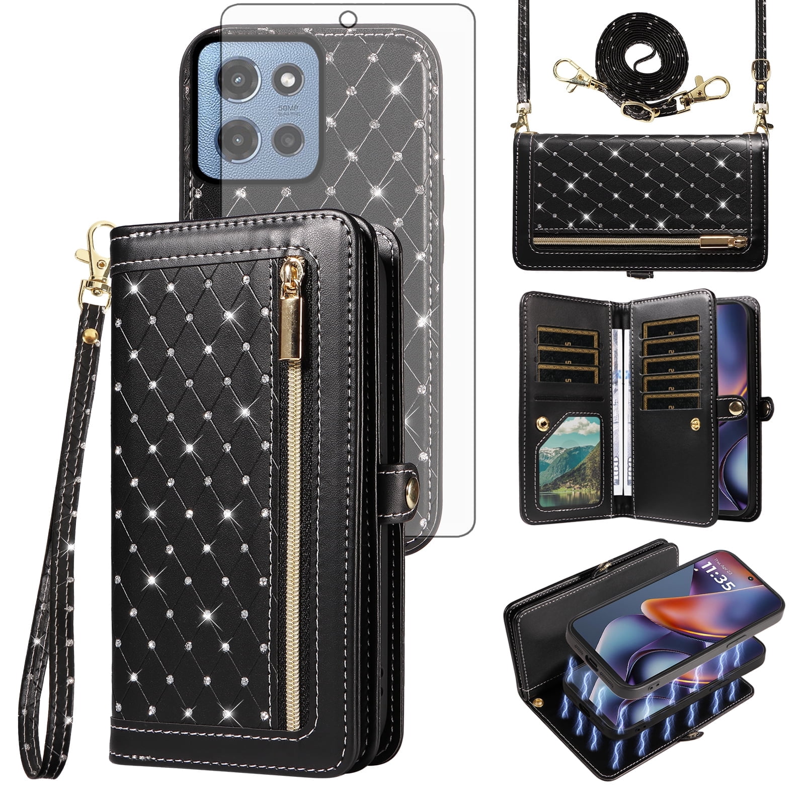 Asuwish Phone Case for Motorola Moto G 5G 2025 Zipper Wallet Detachable Cell Cover with Tempered Glass Screen Protector Crossbody Lanyard Strap Bling Glitter Flip Card Holder Slot G5G 5 G Women Black