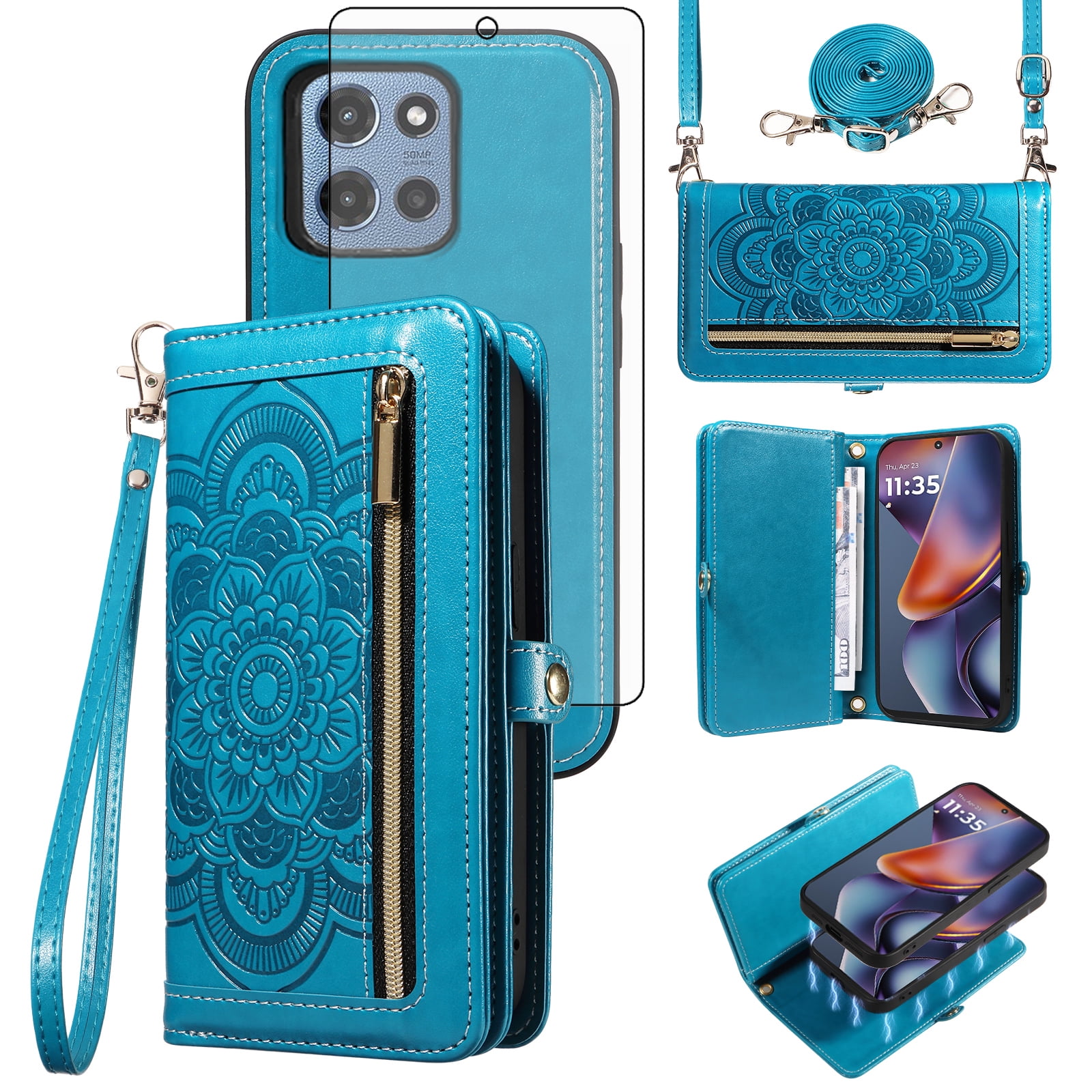 Asuwish Phone Case for Motorola Moto G 5G 2025 Zipper Wallet Detachable Cell Cover with Tempered Glass Screen Protector Crossbody Lanyard Strap Flower Flip Card Holder G5G 5 G G5 Women Men Girls Blue