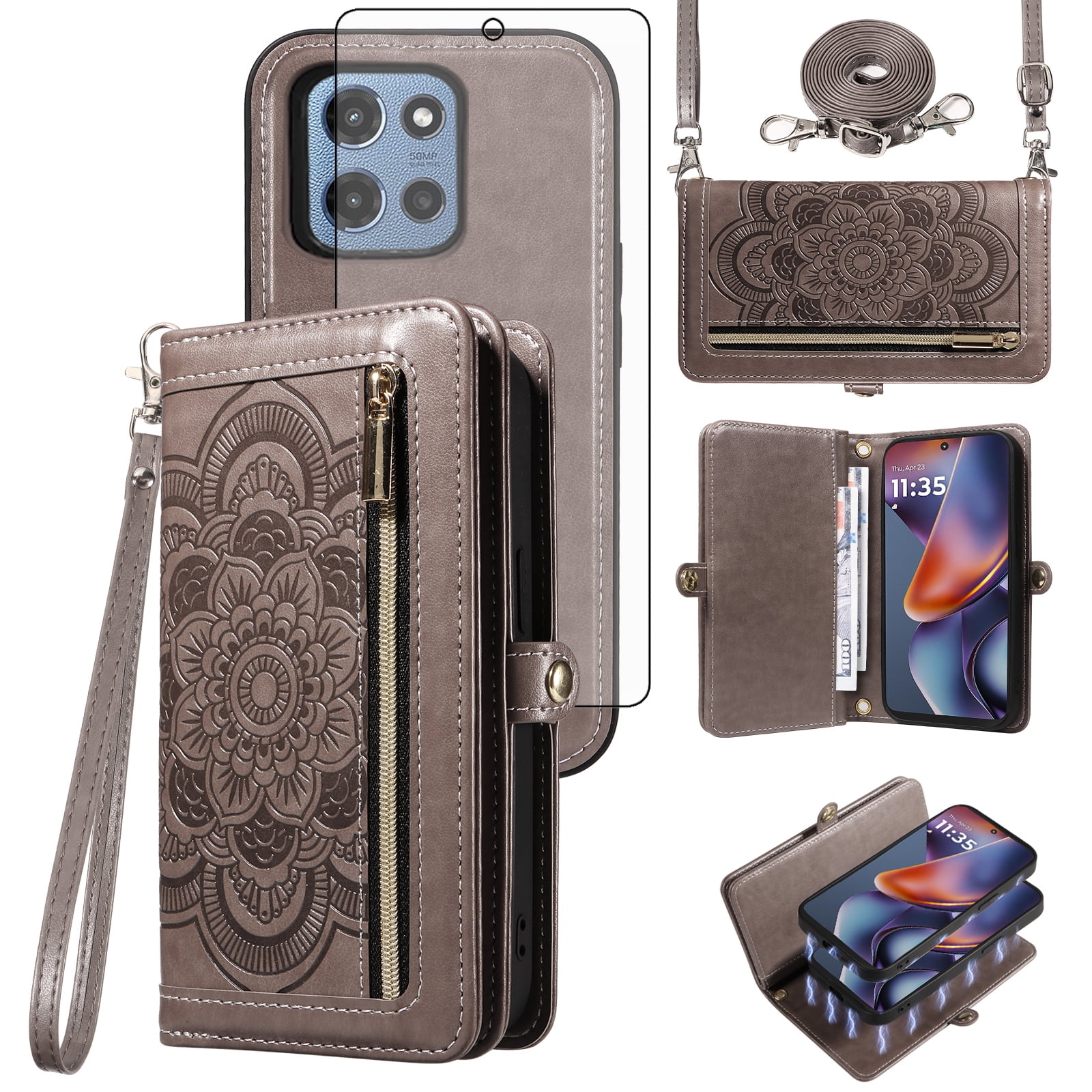 Asuwish Phone Case for Motorola Moto G 5G 2025 Zipper Wallet Detachable Cell Cover with Tempered Glass Screen Protector Crossbody Lanyard Strap Flower Flip Card Holder G5G 5 G G5 Women Men Girls Gray