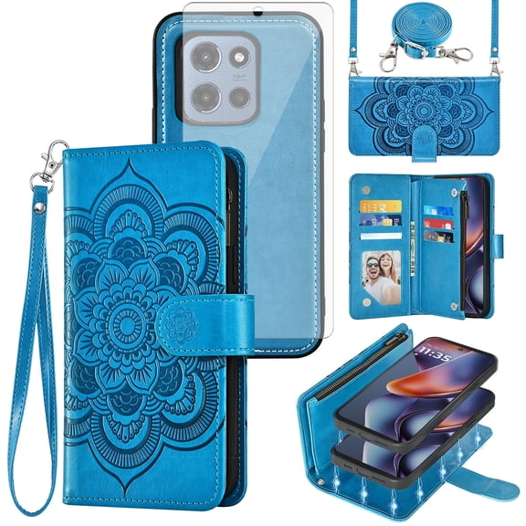 Asuwish Phone Case for Motorola Moto G 5G 2025 Zipper Wallet Magnetic Detachable Cell Cover with Tempered Glass Screen Protector Crossbody Strap Flower Card Holder Slot G5G 5 G G5 Women Girls Blue