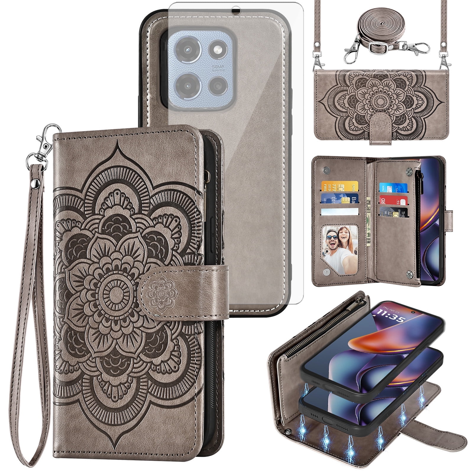 Asuwish Phone Case for Motorola Moto G 5G 2025 Zipper Wallet Magnetic Detachable Cell Cover with Tempered Glass Screen Protector Crossbody Strap Flower Card Holder Slot G5G 5 G G5 Women Girls Grey