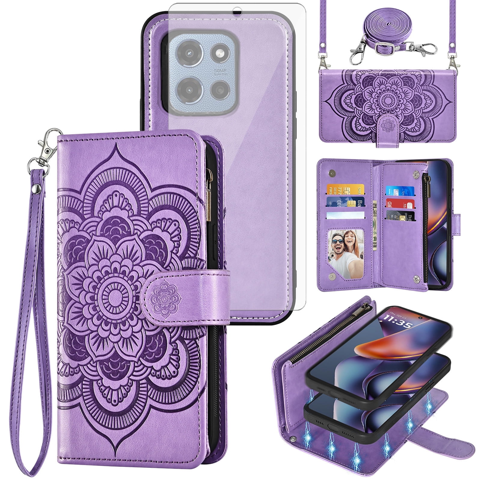 Asuwish Phone Case for Motorola Moto G 5G 2025 Zipper Wallet Magnetic Detachable Cell Cover with Tempered Glass Screen Protector Crossbody Strap Flower Card Holder Slot G5G 5 G G5 Women Girls Purple