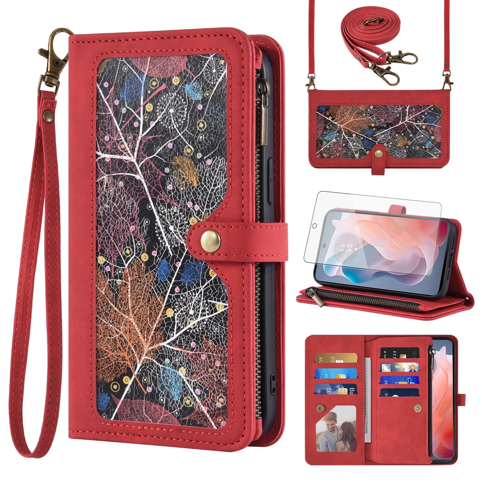 Asuwish Phone Case for Motorola Moto G Play 4G 2024 Wallet Cover With Tempered Glass Screen Protector Crossbody Wrist Strap Flip Pattern Zipper Credit Card Holder Cell XT2413V XT2413-1 64GB Women Red