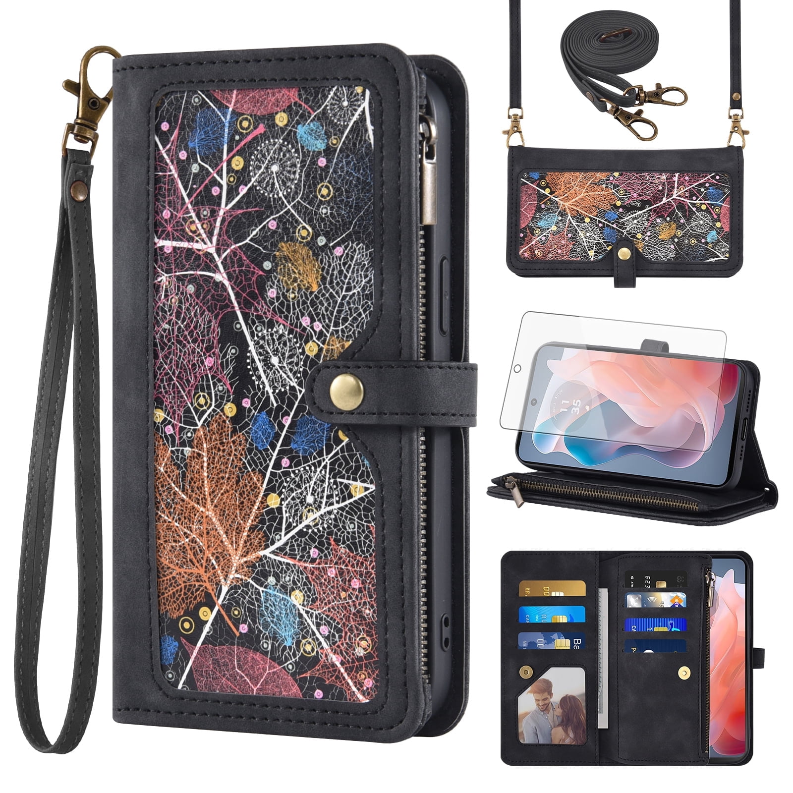 Asuwish Phone Case for Motorola Moto G Play 4G 2024 Wallet Cover With Tempered Glass Screen Protector Crossbody Wrist Strap Flip Pattern Zipper Credit Card Holder Cell XT2413V XT2413-1 64GB Men Black