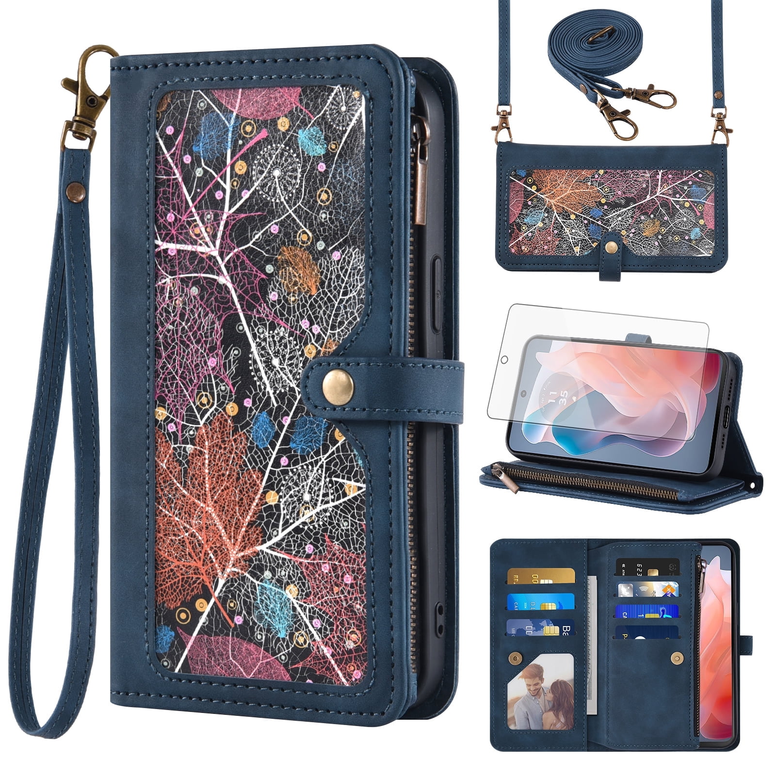 Asuwish Phone Case for Motorola Moto G Play 4G 2024 Wallet Cover With Tempered Glass Screen Protector Crossbody Wrist Strap Flip Pattern Zipper Credit Card Holder Cell XT2413V XT2413-1 64GB Men Blue